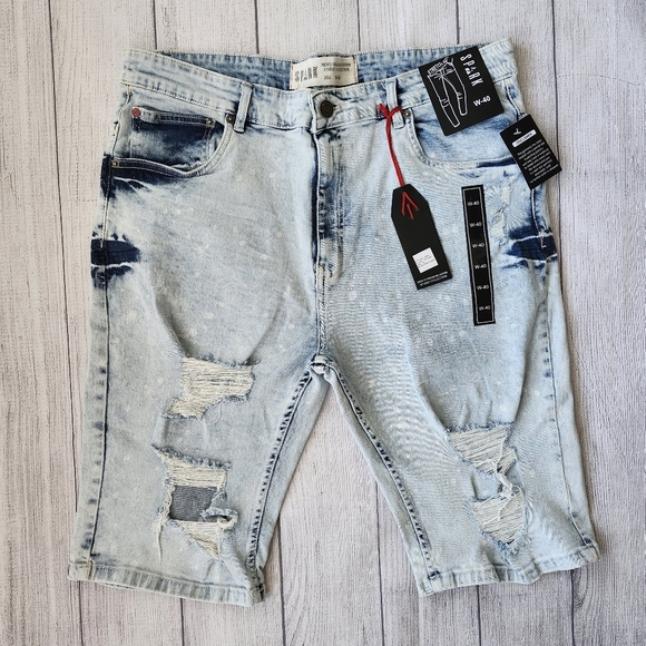 Plus Size Men Light Blue Distressed Denim Biker Shorts - Skinny Fit - Picture 1 of 15